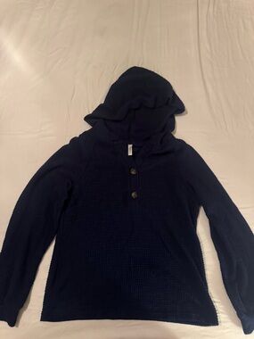 Hooded Knit Button Pullover Sweater - Navy